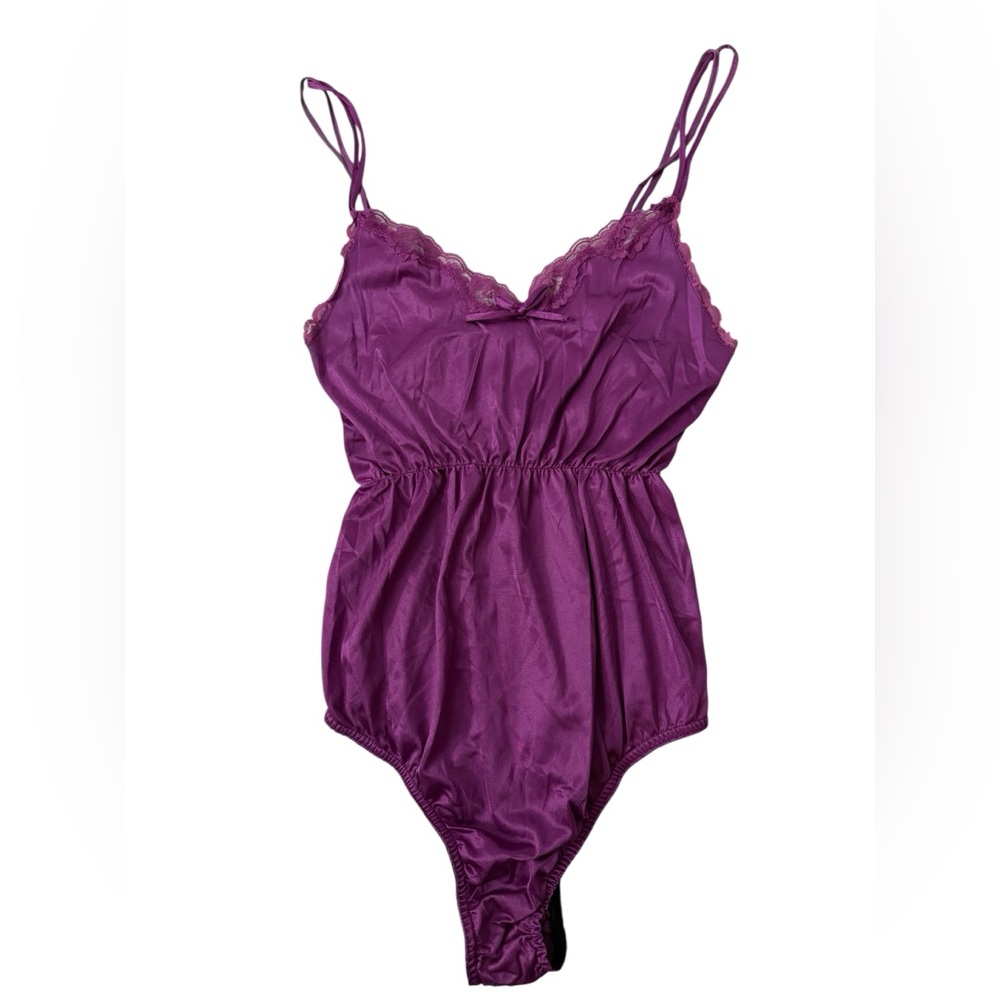 Vintage 80s Jill Andrea Lingerie Set Robe Teddy Purple Nylon M
